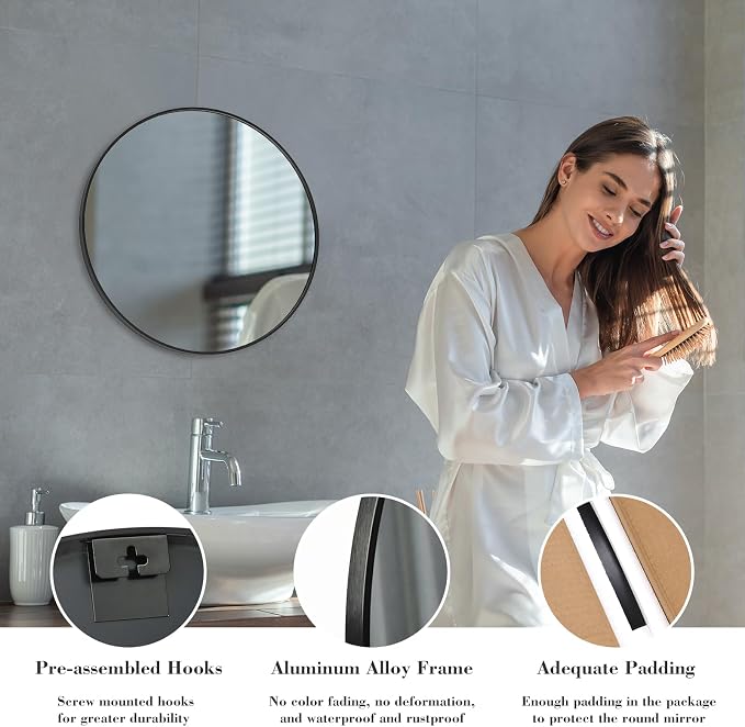 Sweetcrispy 20in Round Bathroom Mirrors for Wall, Bathroom Mirrors for Over Sink, Wall Decor for Bathroom, Entryway, Bedroom, Vanity, Classical Black
