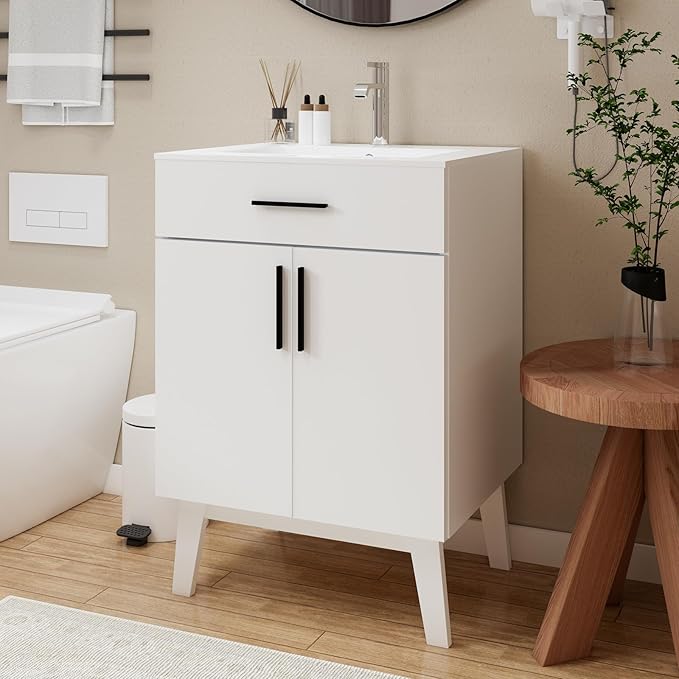 24" Bathroom Vanity with Sink, Vanity Combo with Two Soft Close Cabinet Doors, Modern Single Bathroom Cabinet Set with Metal Handles (White with Sink, 24)