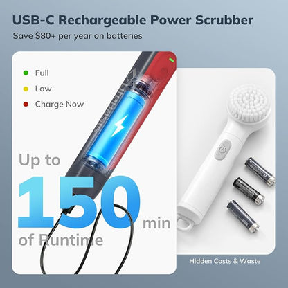LifeBasis Cordless Rechargeable Power Scrubber Brush, Red | Water-resistant Compact Scrubber with 5 Replaceable Brush Heads for Grout, Tile, Shower, Tub, Kitchen and Bathroom Cleaning