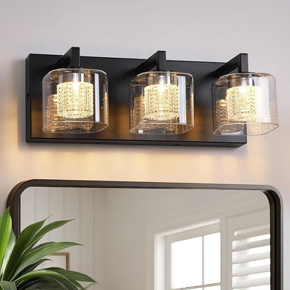 Somniferous 3-Light LED Vanity Light, Modern Bathroom Light Fixtures Over Mirror with Clear Glass Shades, 3000K/4000K/5000K Selectable, Dimmable Matte Black Vanity Lights for Bathroom