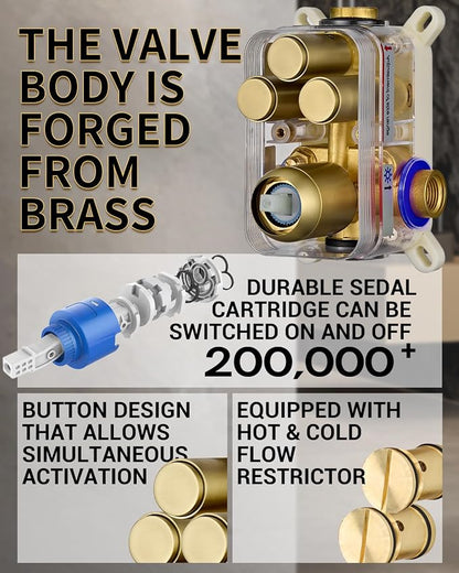Dasan Rainfall Full Body Shower Faucet System with 12'' Round Shower & 6'' Round Shower,Brushed Gold Dual Shower Head Faucets Set with Handheld & Valve, Double Shower Head System for Couples/ 2-Person