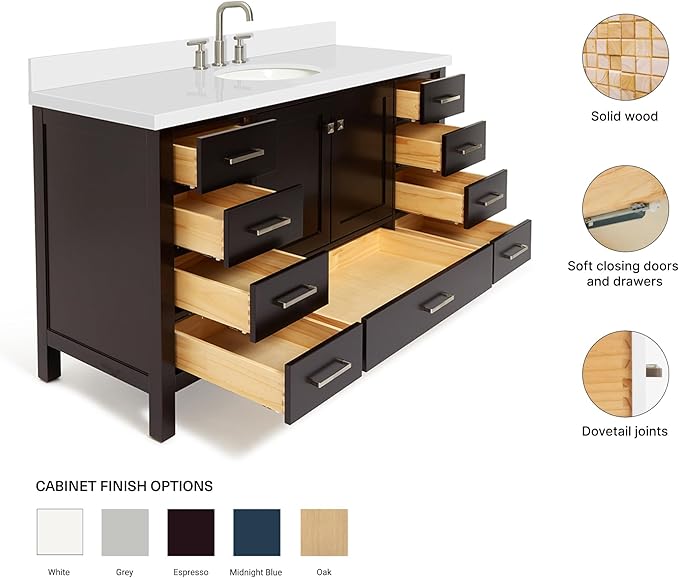 ARIEL Cambridge 60-inch Bathroom Vanity with Sink,Solid Wood, 1.5-inch Pure White Quartz Countertop & Backsplash, Single Oval Porcelain Sink, 2 Soft Closing Doors, 9 Dovetail Drawers, Espresso