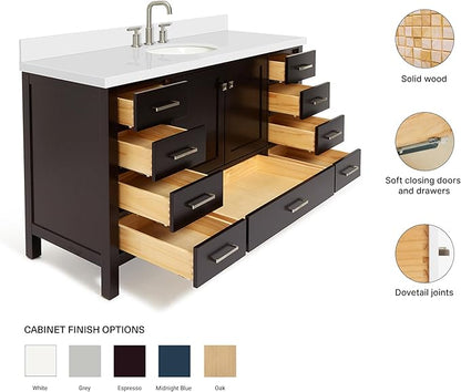 ARIEL Cambridge 60-inch Bathroom Vanity with Sink,Solid Wood, 1.5-inch Pure White Quartz Countertop & Backsplash, Single Oval Porcelain Sink, 2 Soft Closing Doors, 9 Dovetail Drawers, Espresso