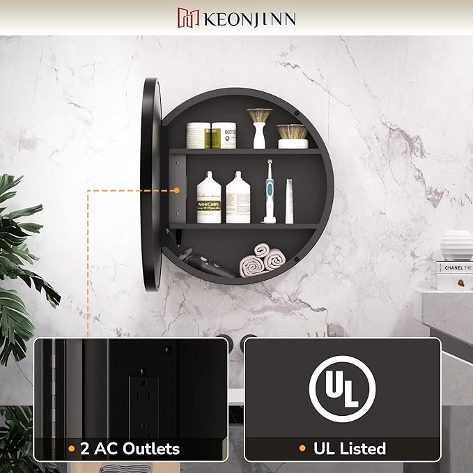 Keonjinn Round LED Medicine Cabinet 24 Inch, Black Lighted Medicine Cabinet for Bathroom with Mirror, Circle, Electrical Outlet, 3 Color Lights, Anti-Fog, Dimmable, Surface Mount Only