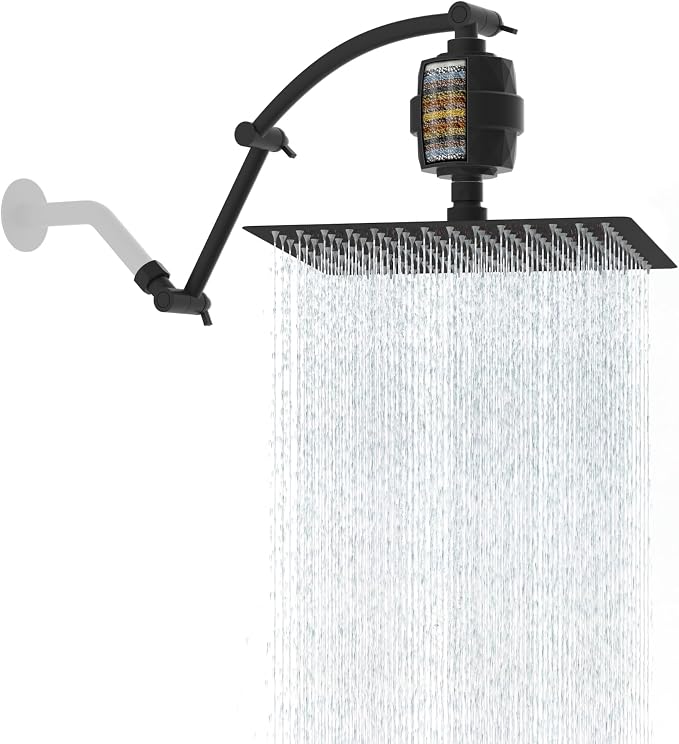 Hibbent 12'' Filtered Rain Shower Head with 16'' Extension Arm, Matte Black | High Pressure Rainfall Showerhead, Brass Adjustable Shower Head Extension Arm, 20 Stage Shower Filter, Fixed Showerheads