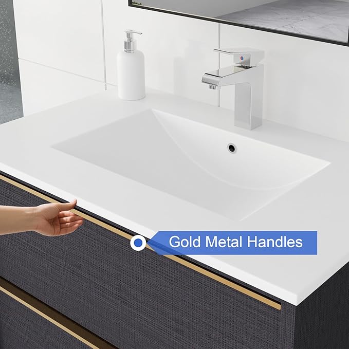 30 Inch Bathroom Vanity with Sink, Floating Vanity Bathroom, Modern Wall Mount Bathroom Cabinet, Double Drawers, Gold Handle, Suitable for All Kinds of bathrooms (Without Sink, 30")