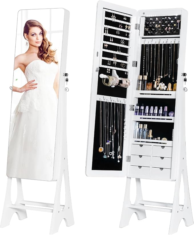 Full Length Mirror Jewelry Armoire Cabinet Standing Organizer | Lockable Jewelry Storage for Women Girl Full-Length Frameless LED Lights 6 Drawers White