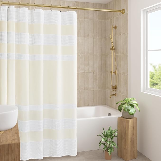 Madison Park Spa Waffle Shower Curtain for Bathroom, 72 x 72, Cream | Striped, Pieced Fabric Design, 3M Scotchgard Moisture Management, Hotel Quality, Modern, for Bathroom, OEKO-TEX Certified