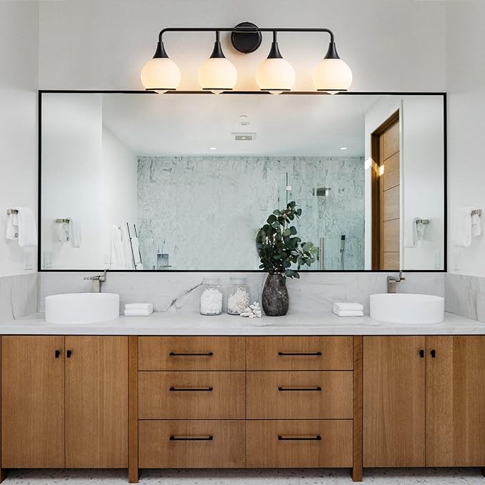 Black Bathroom Light Fixtures 4-Lights Vanity Lights with Milky White Frosted Glass Shade Bathroom Vanity Light 30.7 inch Wall Sconce Lighting Bath(Exclude E26 Bulb)