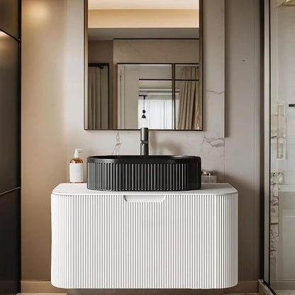 30" Floating Bathroom Vanity with Sink, Natural Solid Wood Modern Bathroom Vanities with Oval Stripes Ceramic Basin and Ultra-Thin Marble Top, Soft-Close Drawer, Pre-Assembled, Gloss White