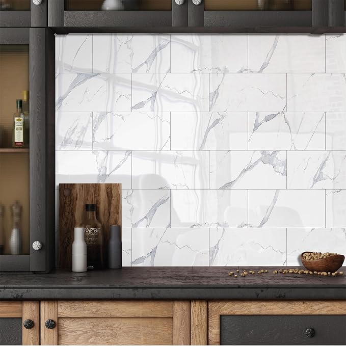 URCOLOR 64-Piece Peel and Stick Backsplash Wall Tile, 4"x 8" PVC Glossy White Marble Stick on Subway Tiles for Kitchen, Bathroom, Laundry Room, Camper, Fireplace