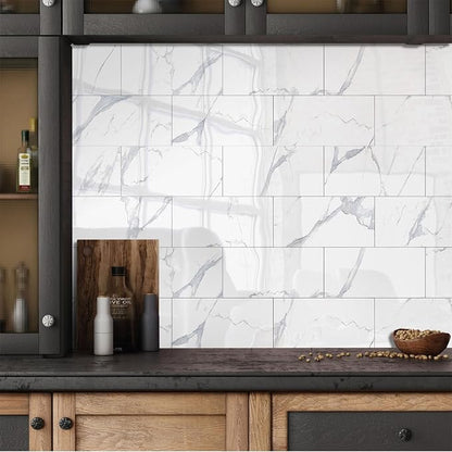 URCOLOR 64-Piece Peel and Stick Backsplash Wall Tile, 4"x 8" PVC Glossy White Marble Stick on Subway Tiles for Kitchen, Bathroom, Laundry Room, Camper, Fireplace