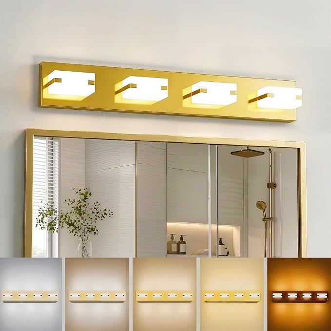 LED Gold Bathroom Light Fixtures, 4-Light 27W 5CCT Modern Vanity Lights | NOVELUX LED Gold Bathroom Light Fixtures, 4-Light Modern Vanity Lights , ETL Listed, 27W 5CCT Adjustable