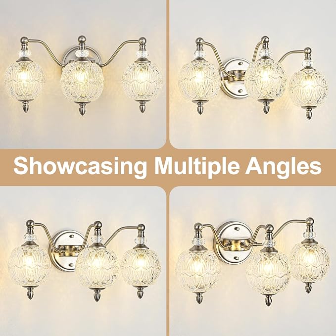 Brushed Nickel Bathroom Vanity Light, 3-Light Mid Century Modern Brushed Nickel Finish Wall Sconce with Globe Glass Shades, Modern Mirror Light for Bathroom, Powder Room