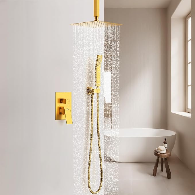 SunCleanse Rainfall Shower System with High Pressure in Brushed Gold | Ceiling mounted shower combo set featuring a 10" square rain head, handheld spray, and rough-in mixer valve with trim.