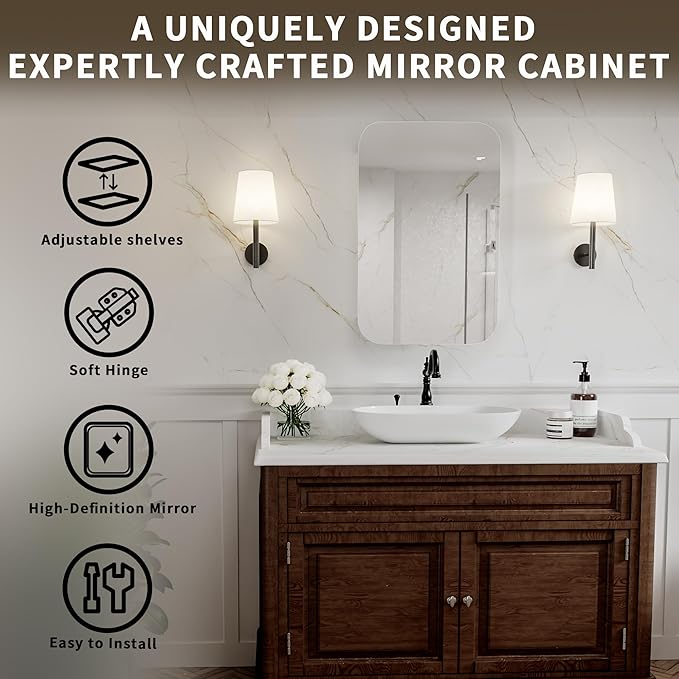 20 x 31 Medicine Cabinet Mirror for Bathroom, Aluminum Frame, Recessed/Surface Mount, Reversible Door, Adjustable Shelves, Wall Mounted Storage Mirror