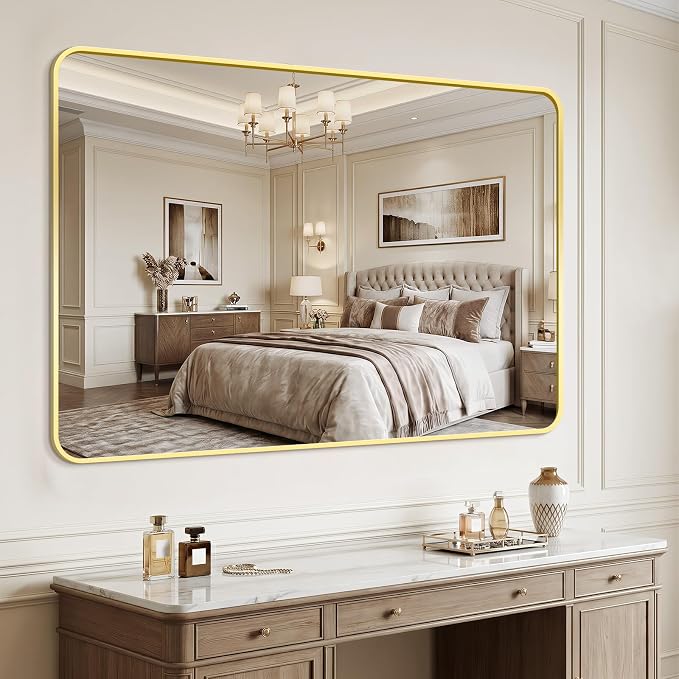 Bathroom Mirror for Wall, 30"x48" Black Bathroom Mirror for Over Sink, Shatterproof Tempered Glass Vanity Mirror with Anti-Rust Aluminum Alloy Frame, Hang Horizontally or Vertically, Gold