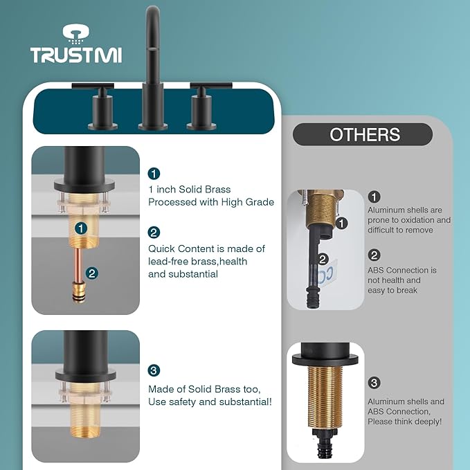 TRUSTMI 2 Handle 8-Inch Widespread Bathroom Faucet Matte Black 3 Hole Brass Bathroom Vanity Sink Faucet with 360° Swivel Spout, Include Overflow Drain and cUPC Supply Lines