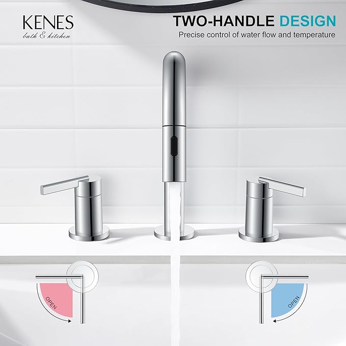 KENES Chrome Pull Down Bathroom Faucet, 8 Inch 2 Handle Widespread Bathroom Faucet 3 Hole with Pull Out Sprayer, Bathroom Sink Faucet with Pop Up Drain & Supply Lines LJ-9068-5