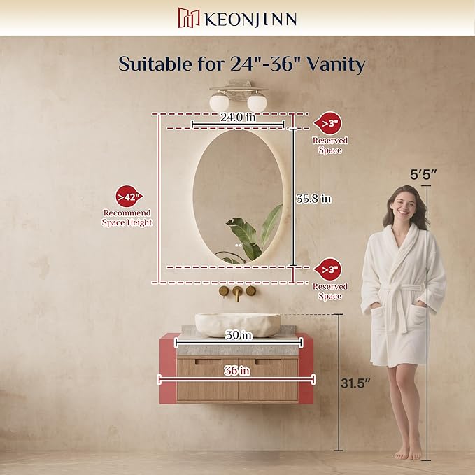 Keonjinn Oval LED Mirror for Bathroom 24" x 36", Backlit Mirror Bathroom with Dimmable 3 Colors Lights, Anti-Fog Tempered Glass Vanity Mirror, UL Listed LED Driver, Plug in/Hardwired