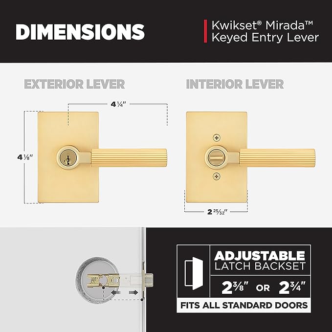 Kwikset Mirada Reeded Entry Door Handle with Lock and Key, Secure Keyed Reversible Lever Exterior, Door Lock for Front Door, Satin Brass, Pick Resistant SmartKey Security and Microban