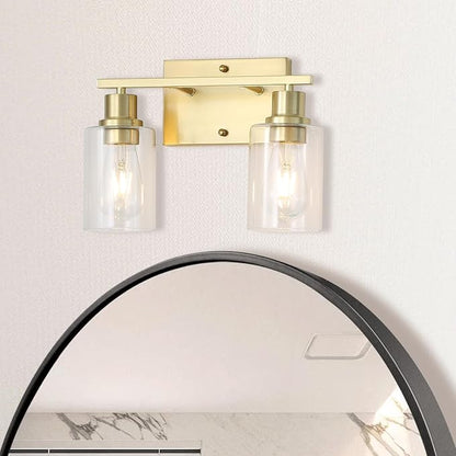 Brass Bedside Wall Sconces Set of 2, 1-Light Gold Bathroom Vanity Lights Fixtures with Clear Glass Shade, Farmhouse Modern E26 Wall Lamp for Hallway Living Room Bedroom
