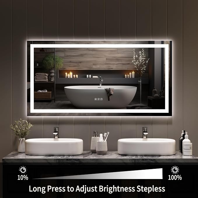 LED Bathroom Mirror 50 x 26 inch, Lighted Bathroom Vanity Mirror with Front Light and Backlit LED, Frameless Wall Mounted Bathroom Mirror with Adjustable Color Temperature