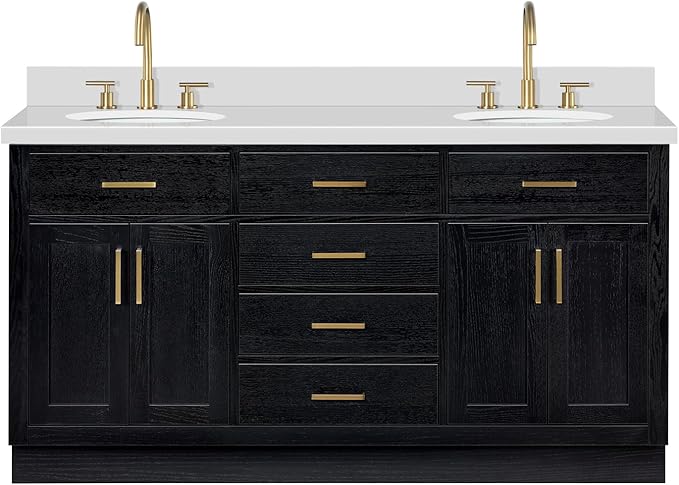 ARIEL Hepburn 66-inch Bathroom Vanity with Sink,Solid Wood, 1.5-inch Pure White Quartz Countertop & Backsplash, Double Oval Porcelain Sink, 4 Soft Closing Doors, 6 Dovetail Drawers, Black Oak
