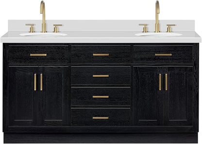 ARIEL Hepburn 66-inch Bathroom Vanity with Sink,Solid Wood, 1.5-inch Pure White Quartz Countertop & Backsplash, Double Oval Porcelain Sink, 4 Soft Closing Doors, 6 Dovetail Drawers, Black Oak