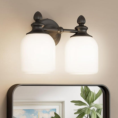Keonjinn 2-Light Bathroom Light Fixtures, Black Vintage Vanity Lights for Mirror with Frosted Glass Shades, UL Listed E26 Base(Bulbs Not Included), Reversible Vanity Lighting Fixtures for Bathroom