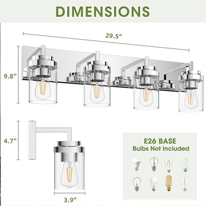 Espird Chrome Light Fixtures, 4 Light Bathroom Vanity Light with Clear Glass Shade, 30 in Modern Vanity Light, Bathroom Lighting Fixtures Over Mirror for Living Room