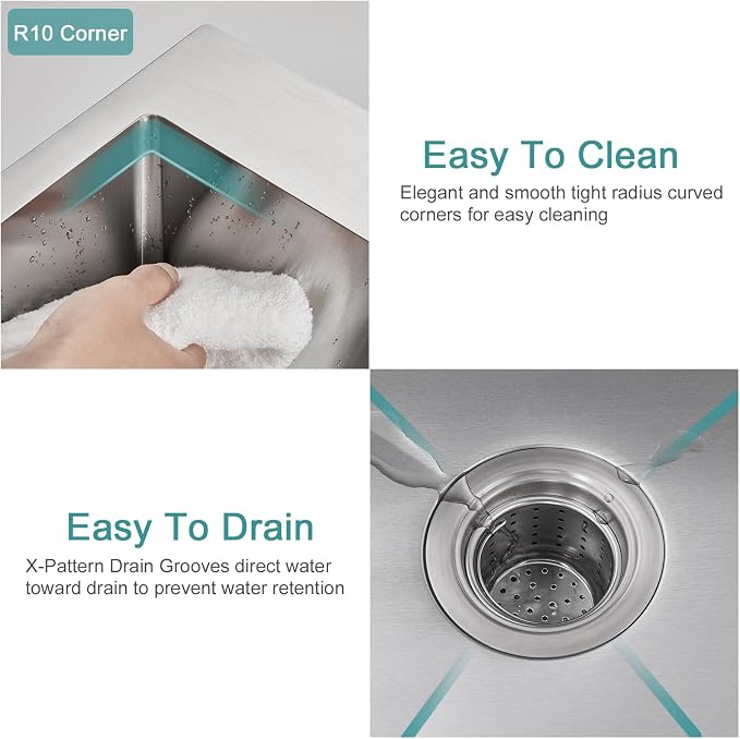Brushed Topmount Kitchen Sink - 15”×15” Single Bowl Sink | 8 Inch Deep Handmade Bar Sink with Strainer, Stainless Steel 304, Center Drain, X-Groove Drainage, Sound-Dampening Pad