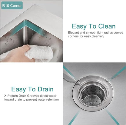Brushed Topmount Kitchen Sink - 15”×15” Single Bowl Sink | 8 Inch Deep Handmade Bar Sink with Strainer, Stainless Steel 304, Center Drain, X-Groove Drainage, Sound-Dampening Pad