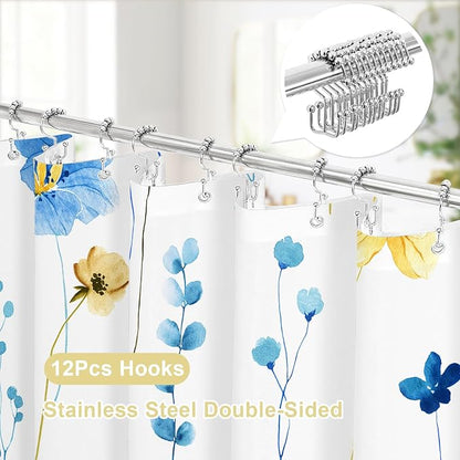 3 in 1 Blue Yellow Watercolor Floral Shower Curtain Liner Set, 72x72