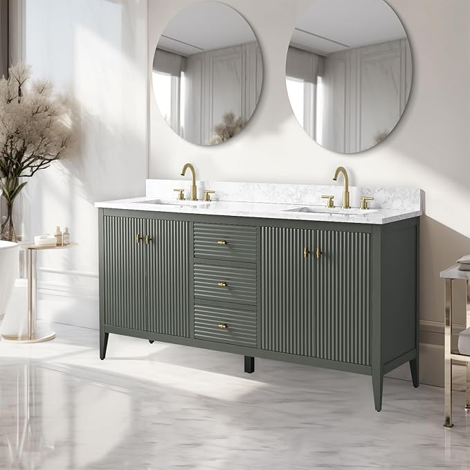 Vanity Art 60 inch Bathroom Vanity with Double Sink & Ceramic Top, Vanity Cabinet with Soft-Closing Door, Solid Wood Frame, Linear Pattern, Vintage Green, Golden Brushed Handware VA9160-DVG-GB