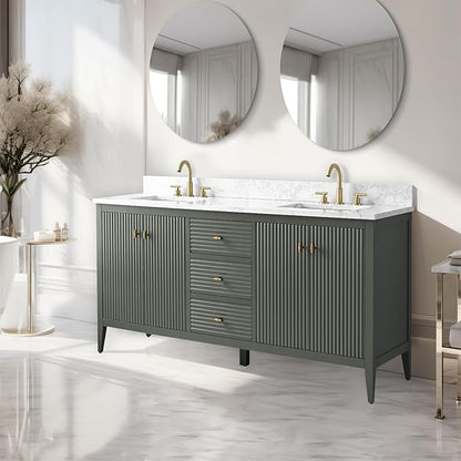 Vanity Art 60 inch Bathroom Vanity with Double Sink & Ceramic Top, Vanity Cabinet with Soft-Closing Door, Solid Wood Frame, Linear Pattern, Vintage Green, Golden Brushed Handware VA9160-DVG-GB