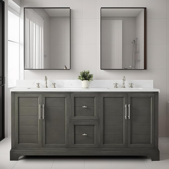 HOMEBEYOND 72 Inch Bathroom Vanity with Double Sink & Ceramic Top, Vanity Cabinet with Center Countertop Basin, Soft-Closing Doors, Backsplash, Sliver Grey
