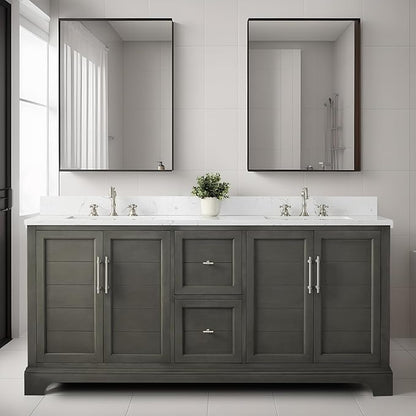 HOMEBEYOND 72 Inch Bathroom Vanity with Double Sink & Ceramic Top, Vanity Cabinet with Center Countertop Basin, Soft-Closing Doors, Backsplash, Sliver Grey