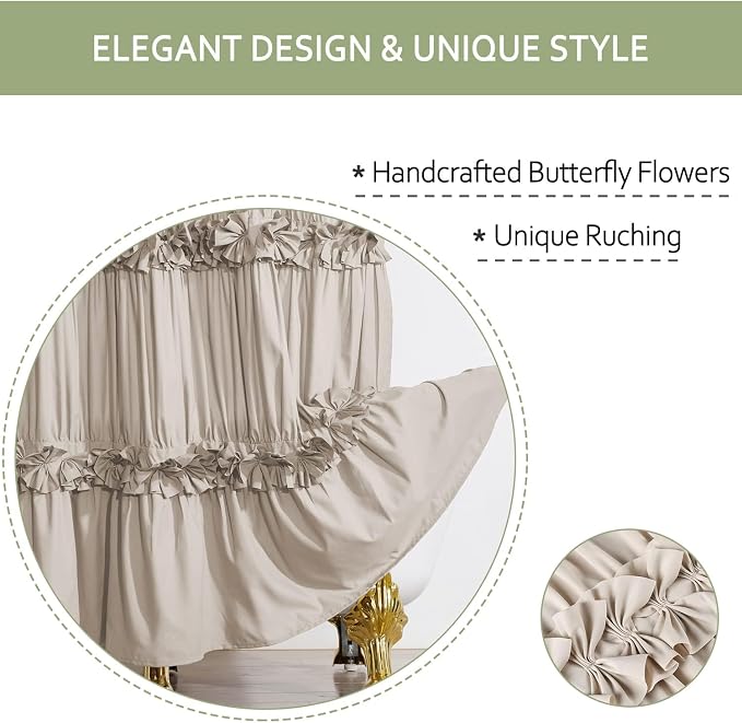 Camel Ruffle Shower Curtain 60" x 72" with 10 Buttonholes | Ruched Microfiber Vintage Handcrafted Bow Tie, Stall Size Victorian Bath Curtain, Machine Washable and Dry Quickly (LQ-10)