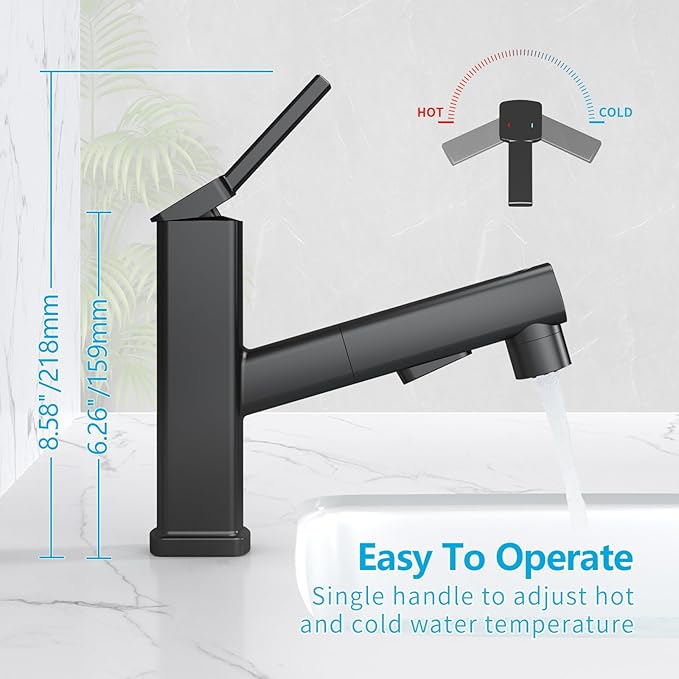 MIAOHUI Pull Out Single Hole Bathroom Faucet, 3 Spray Mode Single Handle Bathroom Faucets for Sink 1 Hole, Bathroom Sink Faucet with Pull Down Sprayer, Vanity Faucet with Fountain Mode, Matte Black