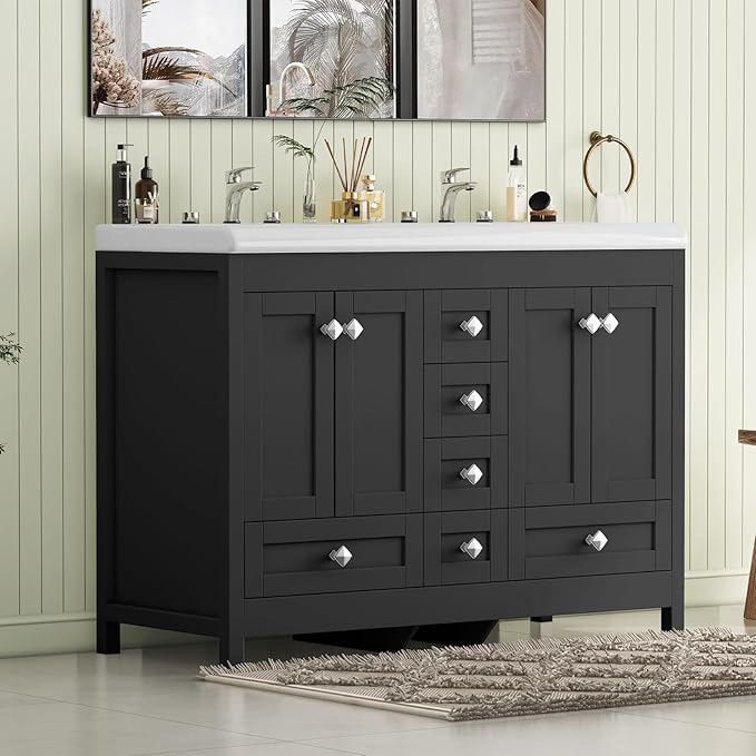 48" Bathroom Vanities with Sink Combo, Modern Double Bathroom Vanity with 4 Doors & 5 Drawers, Freestanding White Bathroom Cabinet with Double Ceramic Sink, Black
