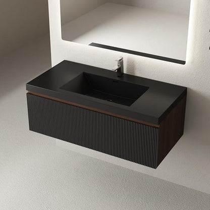 42 Inch Floating Bathroom Vanity with Sink, Wall Mounted Striped Storage Cabinet, Soft Close Drawer, Black Quartz Sand Basin, Fully Assembled, Smoked Walnut Finish