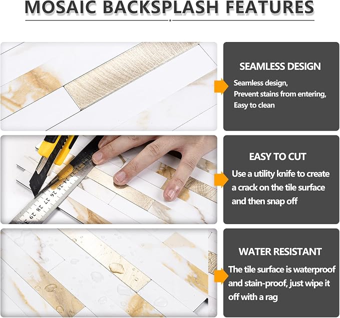 STICKGOO 20 Sheets Peel and Stick Backsplash Tile, Stick on Backsplash for Kitchen and Bathroom, Calacatta Gold Marble Look PVC Mixed Gold Self Adhesive Wall Tiles