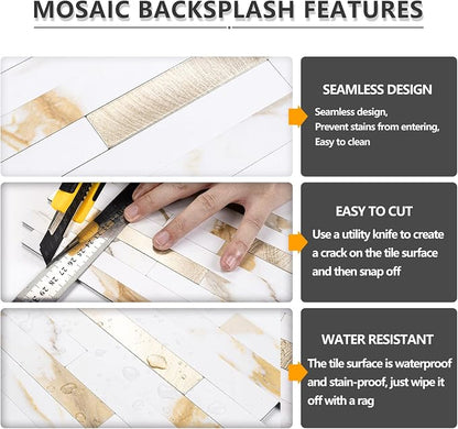 STICKGOO 20 Sheets Peel and Stick Backsplash Tile, Stick on Backsplash for Kitchen and Bathroom, Calacatta Gold Marble Look PVC Mixed Gold Self Adhesive Wall Tiles
