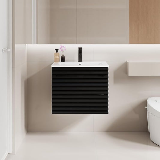 LUCKWIND 24" Floating Bathroom Vanity with Sink, Mid-Century Wall Mounted Big Drawer Cabinet with Ceramic Sink, Water Saving Faucet and Wood Stripes Style, Black