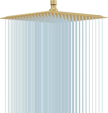 12 In Rain Shower Head High Pressure Rainfall Shower Head Brushed Gold | Square Rain Bathroom Showerhead, High Flow, Large Stainless Steel, Ceiling Mounted, Wall Mounted, Waterfall Full Body