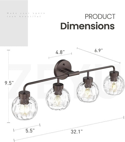 zeyu 4-Light Bathroom Vanity Light, 32 Inch Vintage Vanity Lighting Fixtures, Bathroom Lighting Fixtures with Water Ripple Globe Glass, ZS62BG-4W ORB-WG
