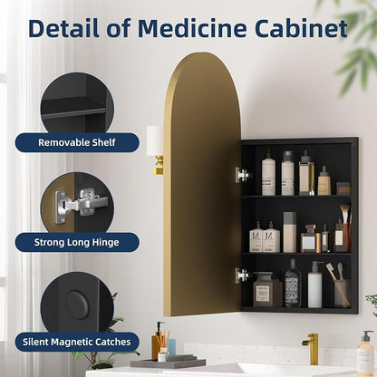 Medicine Cabinets for Bathroom, Brush Gold Arched Medicine Cabinet Recessed or Surface Wall-Mounted,Modern Bathroom Vanity Mirror with Storage, Mirrored Cabinet with Adjustable Shelves,16x31 Inch