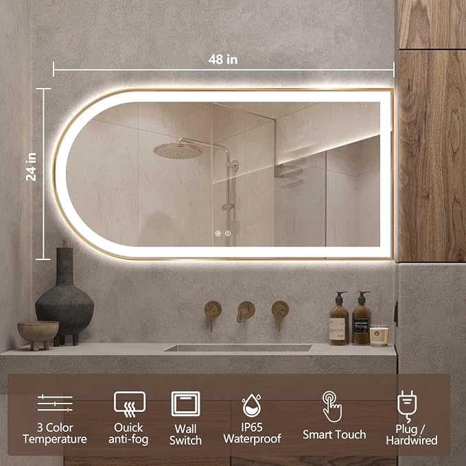 Arched LED Bathroom Mirror, 48"x24" Arch Backlit Vanity Mirror with Lights, Frontlit, Dimmable, 3 Colors, Memory Function, Anti-Fog Smart Mirror, Gold Frame, Shatterproof, Horizontal-Right