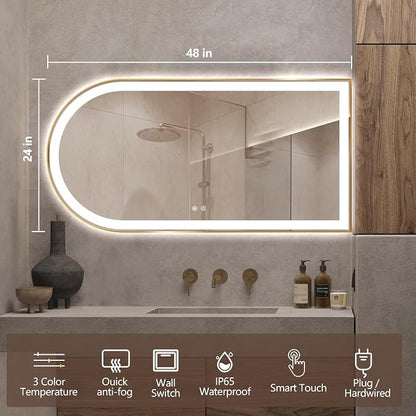 Arched LED Bathroom Mirror, 48"x24" Arch Backlit Vanity Mirror with Lights, Frontlit, Dimmable, 3 Colors, Memory Function, Anti-Fog Smart Mirror, Gold Frame, Shatterproof, Horizontal-Right